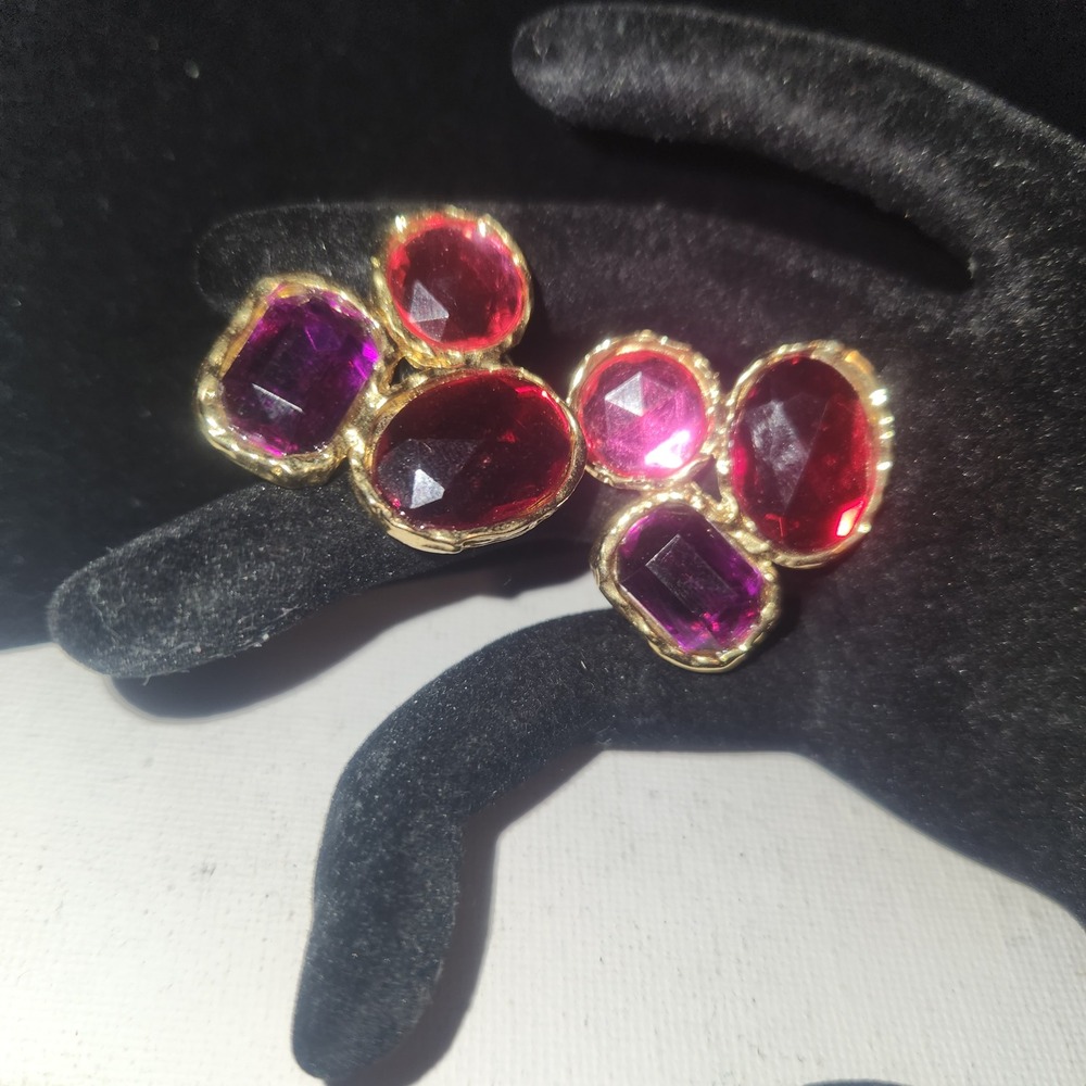 Gold Tone Red Magenta Purple Faceted Glass Cabochonβ Statement Post Earrings